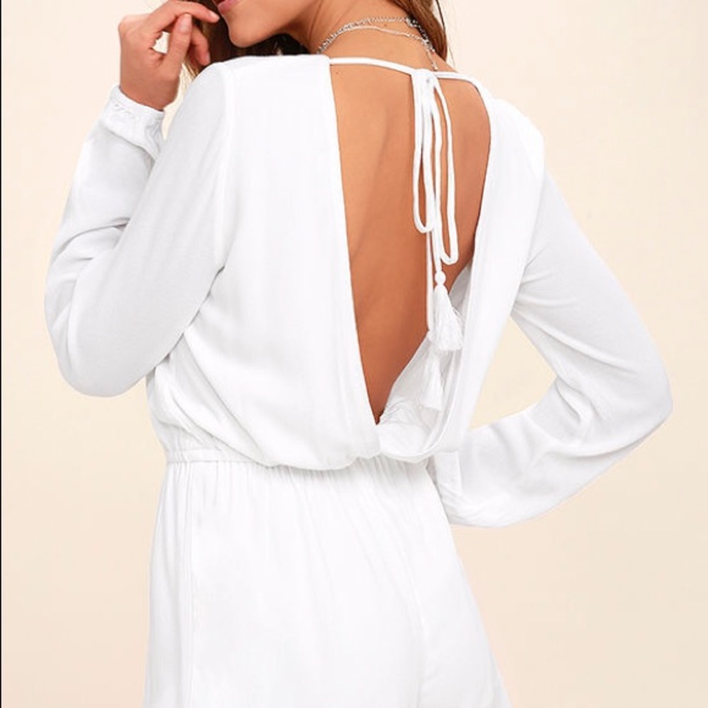 White Lulus Long Sleeve Romper w/ Open Back